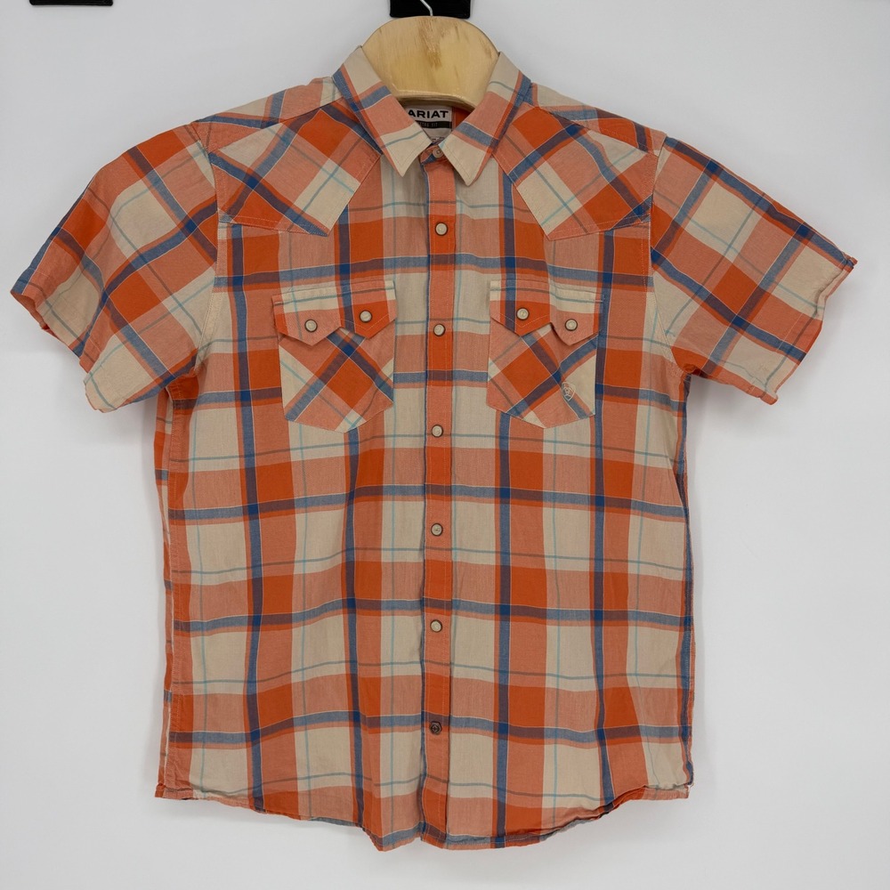 Ariat Retro Fit Mens Large Orange‎ Blue Plaid Pearl Snap Western Shirt